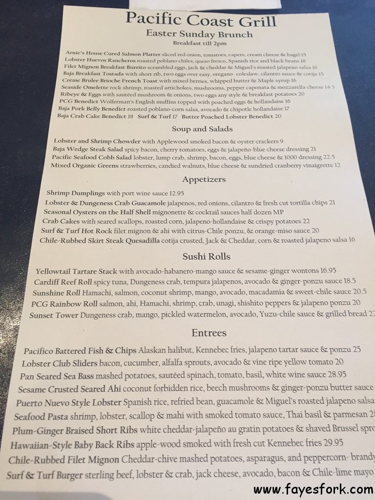 Easter Brunch menu 2016